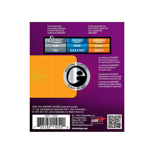 Elixir 11052 80/20 Bronze Acoustic Guitar Strings with Nanoweb Coating, 12-53