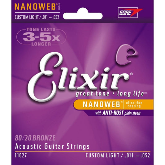 Elixir 11027 80/20 Bronze Acoustic Guitar Strings with Nanoweb Coating, 11-52