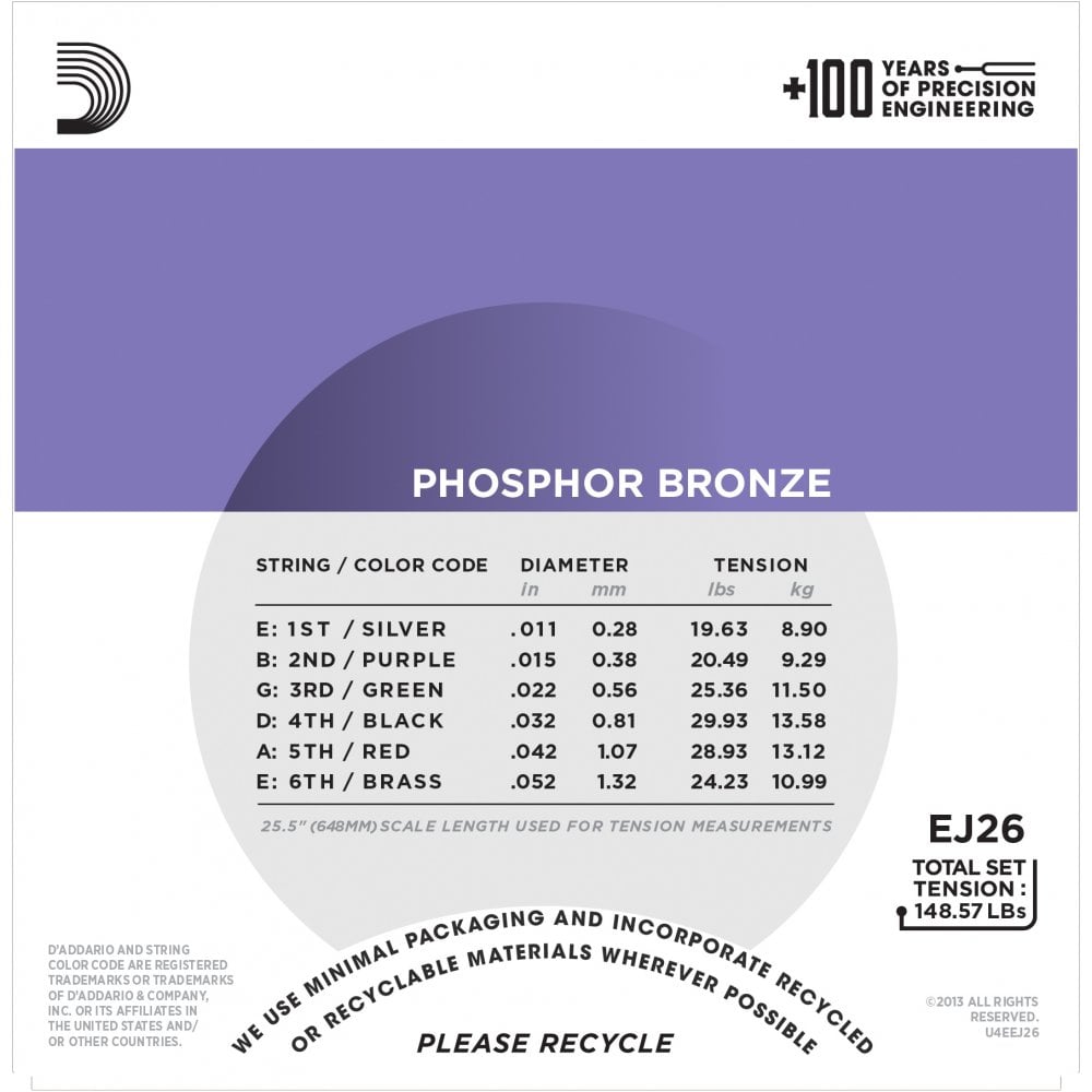 D'Addario EJ26 Phosphor Bronze Acoustic Guitar Strings, Custom Light, 11-52