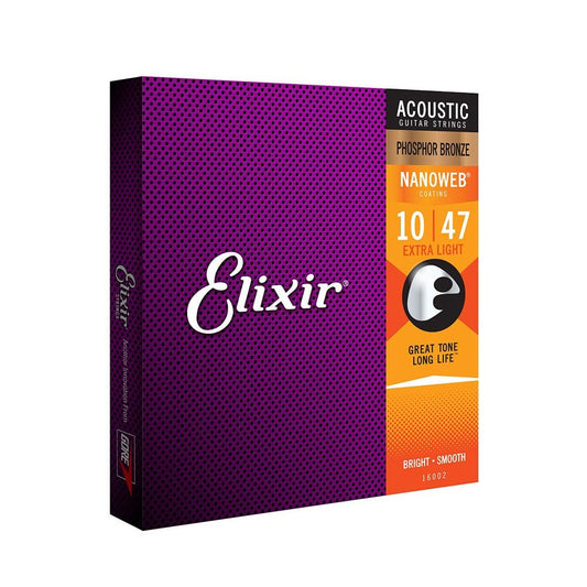 Elixir 16002 Phosphor Bronze Acoustic Guitar Strings with Nanoweb Coating, 10-47