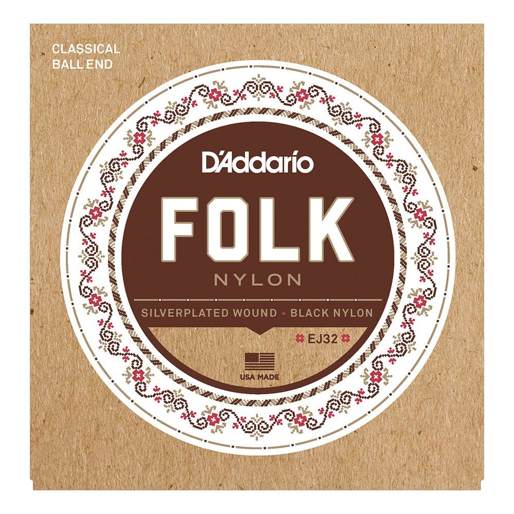 D'Addario EJ32 Folk Nylon Strings, Ball End, Silver Wound/Black Nylon Trebles