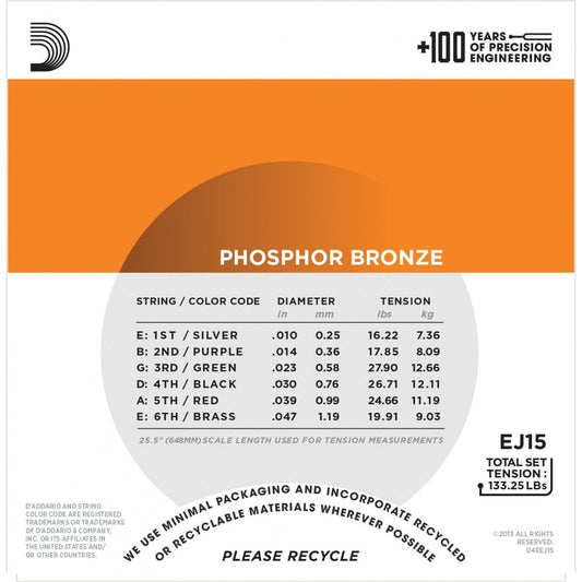 D'Addario EJ15 Phosphor Bronze Acoustic Guitar Strings, Extra Light, 10-47