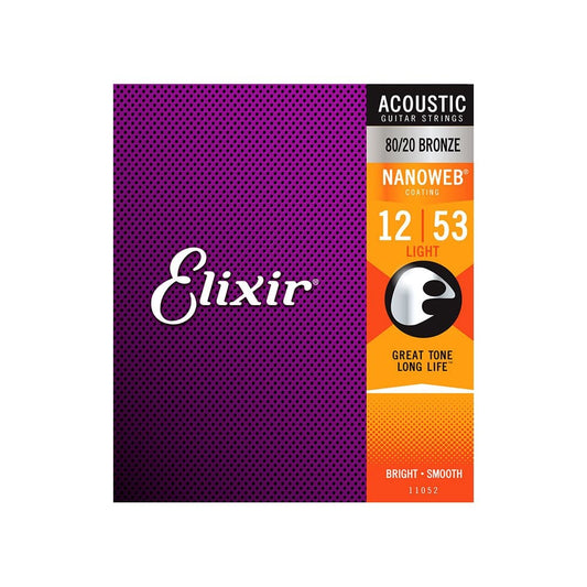 Elixir 11052 80/20 Bronze Acoustic Guitar Strings with Nanoweb Coating, 12-53