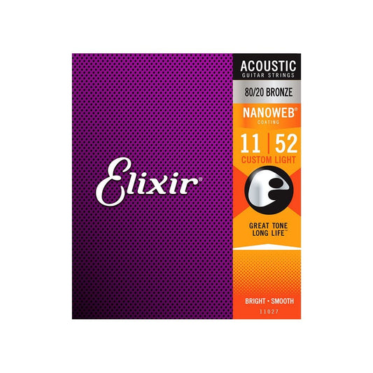 Elixir 11027 80/20 Bronze Acoustic Guitar Strings with Nanoweb Coating, 11-52