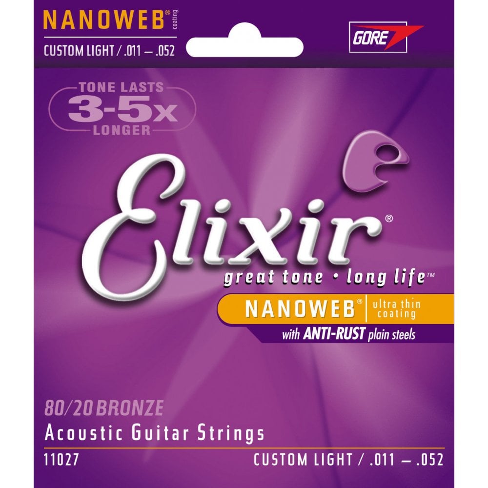 Elixir 11027 80/20 Bronze Acoustic Guitar Strings with Nanoweb Coating, 11-52
