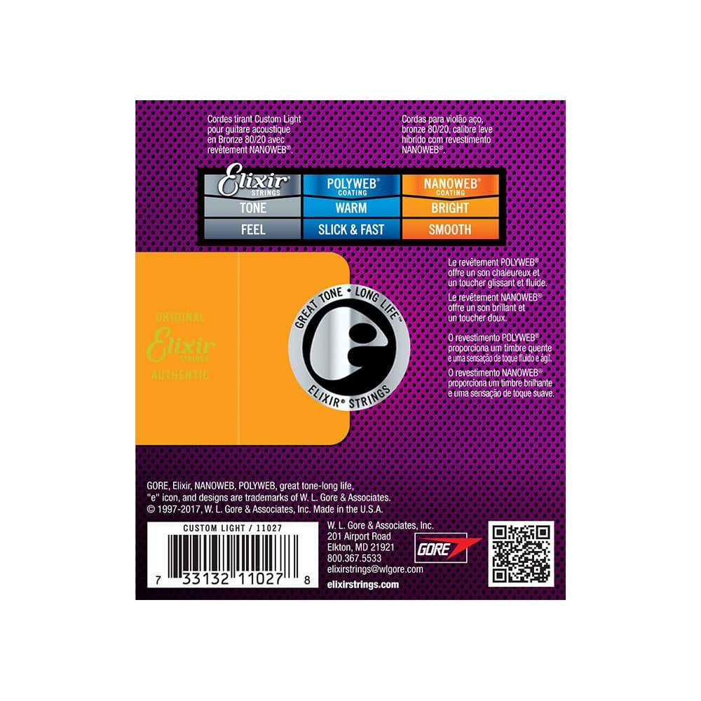 Elixir 11027 80/20 Bronze Acoustic Guitar Strings with Nanoweb Coating, 11-52