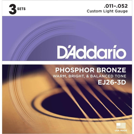 D'addario EJ26 Phosphor Bronze Acoustic Guitar Strings, Custom Light, 11-52, 3 Sets