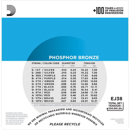 D'Addario EJ38 12-String Phosphor Bronze Acoustic Guitar Strings, Light, 10-47