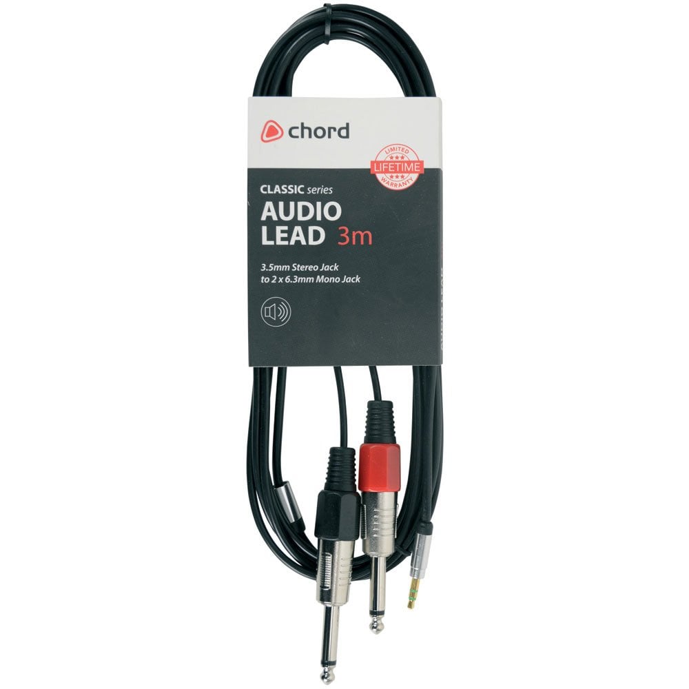 Chord 3.5mm Stereo Jack Plug - 2 x 6.3mm Mono Jack Plugs