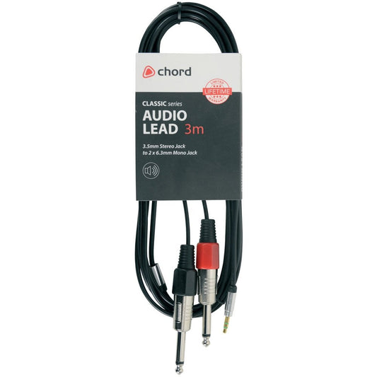 Chord 3.5mm Stereo Jack Plug - 2 x 6.3mm Mono Jack Plugs