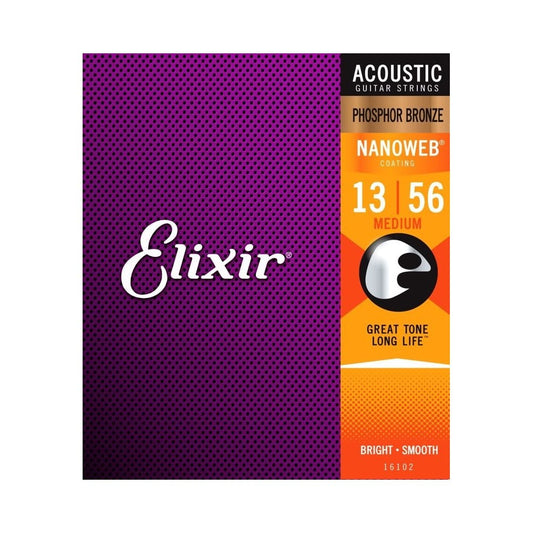 Elixir 16102 Phosphor Bronze Nanoweb Acoustic Medium 13-56 Strings