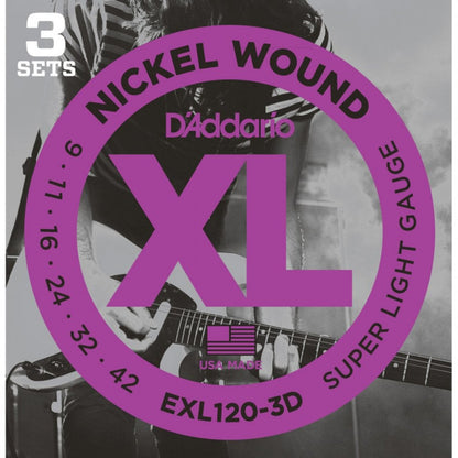 D'addario EXL120-3D Nickel Wound Electric Guitar Strings, Super Light, 9-42, 3 Sets