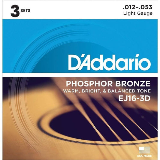 D'Addario EJ16 Phosphor Bronze Acoustic Guitar Strings, Light, 12-53, 3 Pack