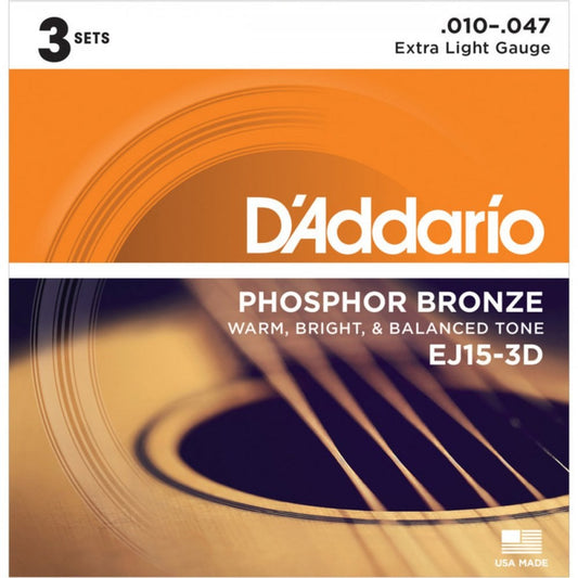 D'Addario  EJ15 Phosphor Bronze Acoustic Guitar Strings, Extra Light, 10-47, 3 Sets