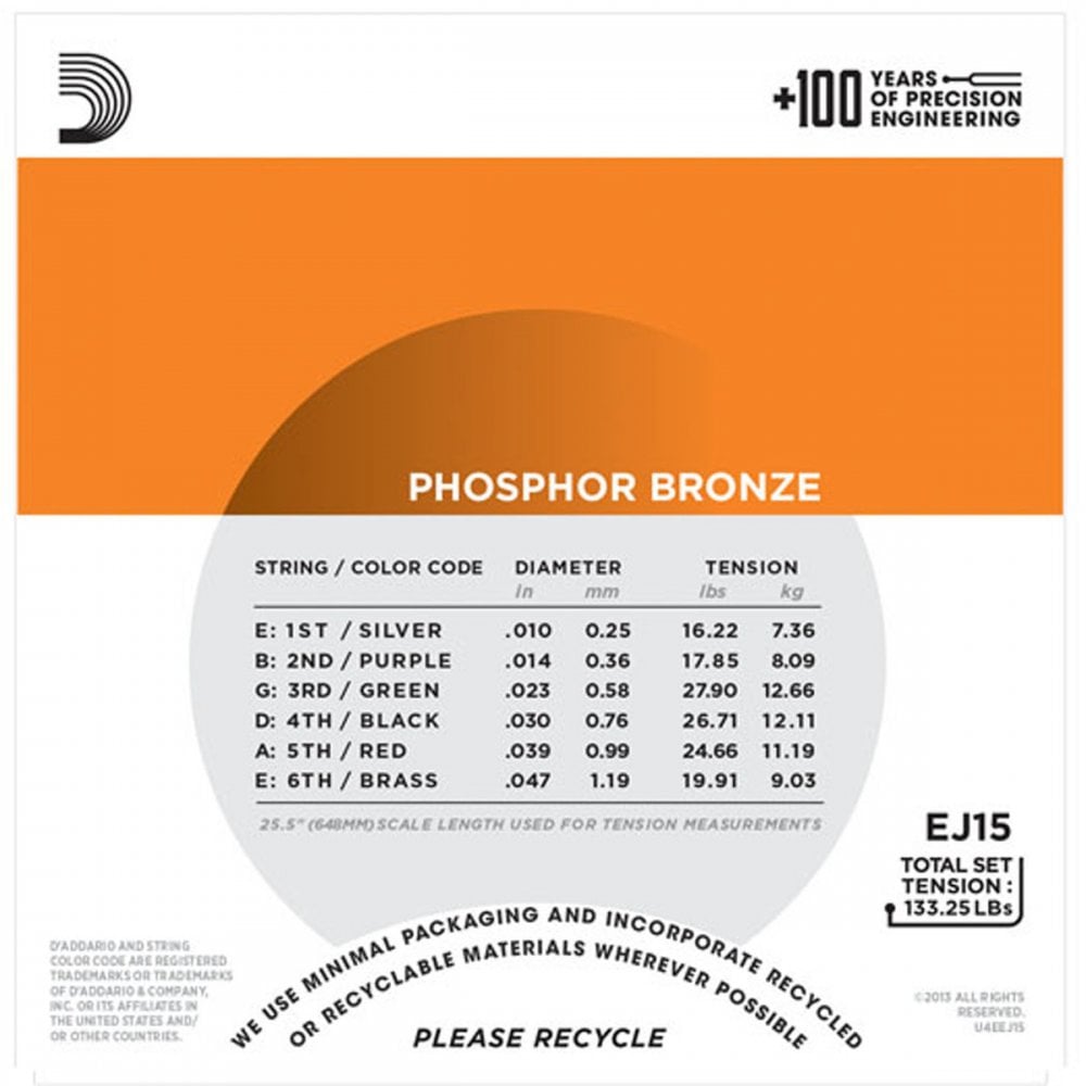D'Addario  EJ15 Phosphor Bronze Acoustic Guitar Strings, Extra Light, 10-47, 3 Sets