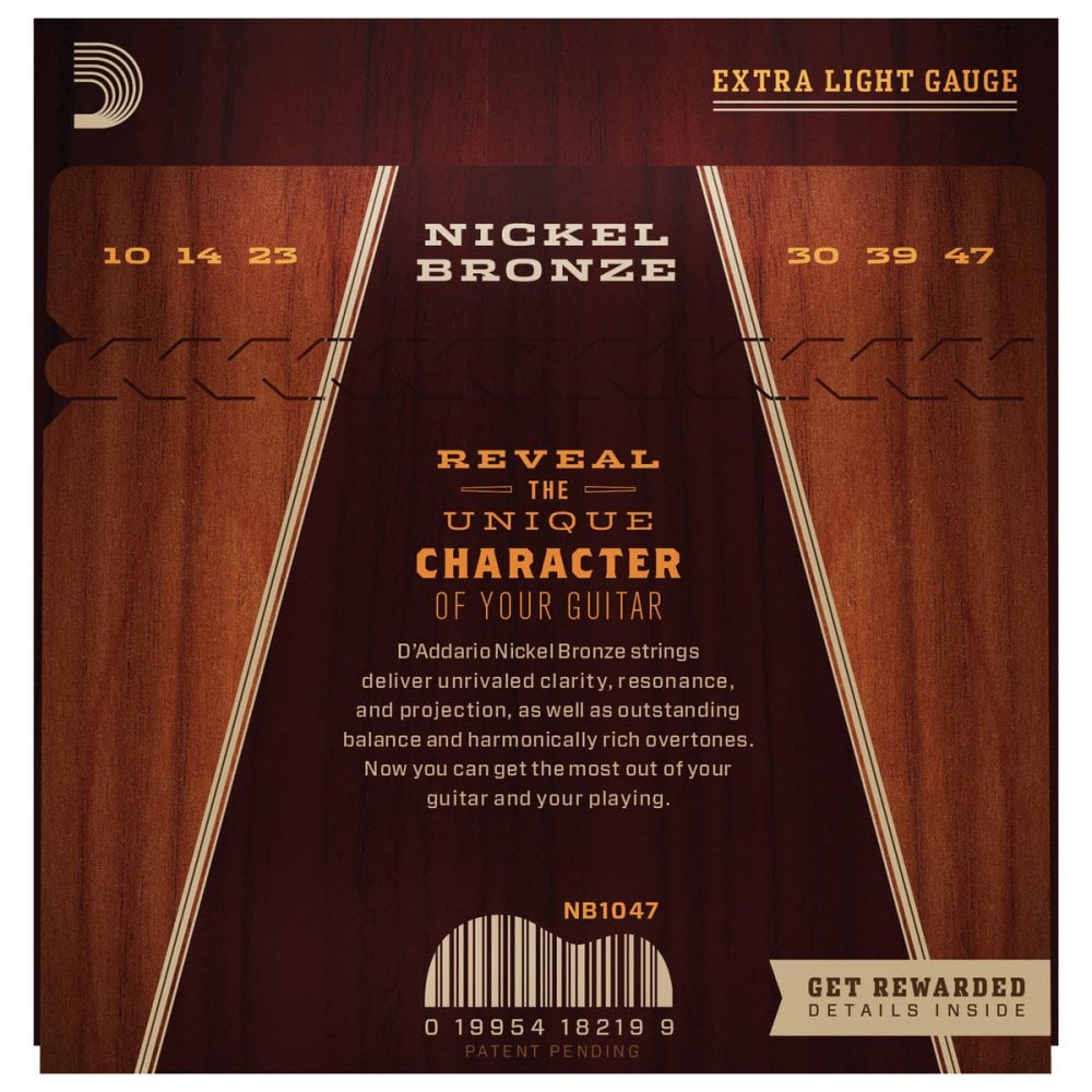 D'addario NB1253 Nickel Bronze Acoustic Guitar Strings, Light, 12-53