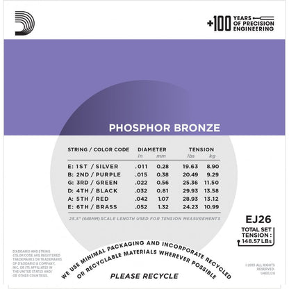 D'Addario EJ26 Phosphor Bronze Acoustic Guitar Strings, Custom Light, 11-52
