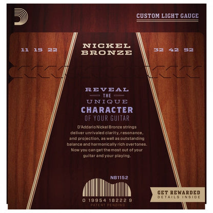 D'addario NB1152 Nickel Bronze Acoustic Guitar Strings, Custom Light, 11-52