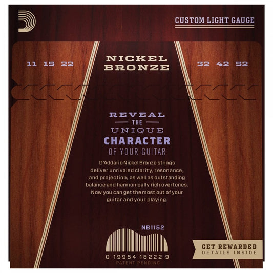 D'addario NB1152 Nickel Bronze Acoustic Guitar Strings, Custom Light, 11-52