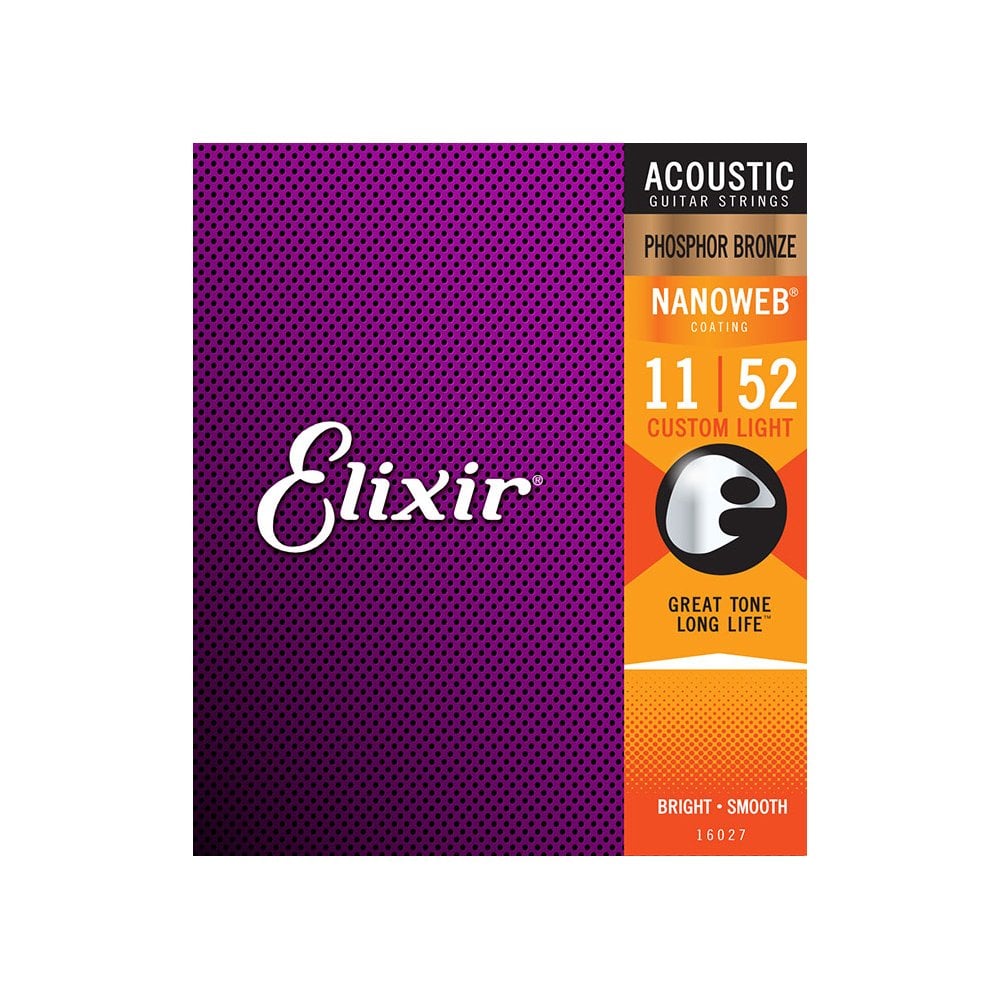 Elixir 16027 Phosphor Bronze Acoustic Guitar Strings with Nanoweb Coating, 11-52