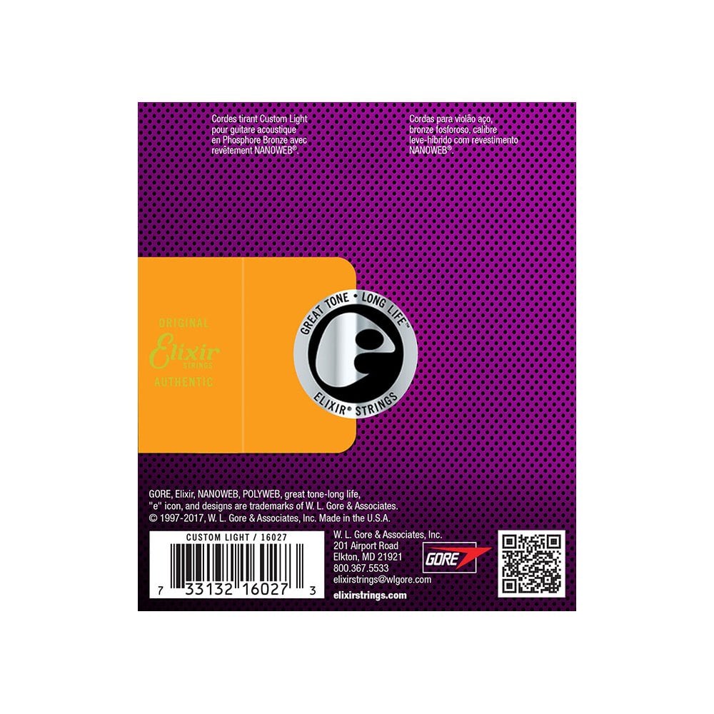 Elixir 16027 Phosphor Bronze Acoustic Guitar Strings with Nanoweb Coating, 11-52
