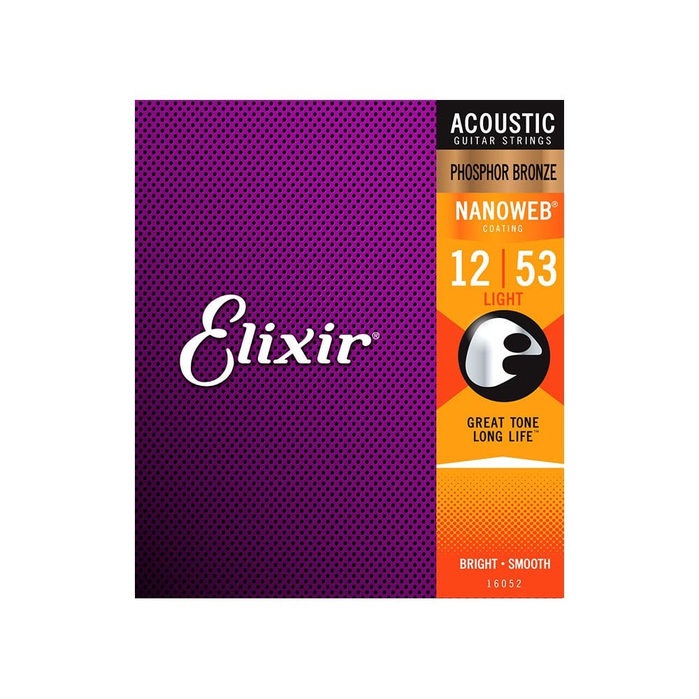 Elixir 16052 Phosphor Bronze Acoustic Guitar Strings with Nanoweb Coating, 12-53