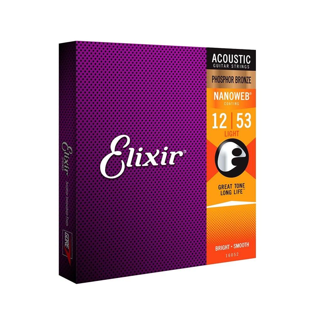 Elixir 16052 Phosphor Bronze Acoustic Guitar Strings with Nanoweb Coating, 12-53