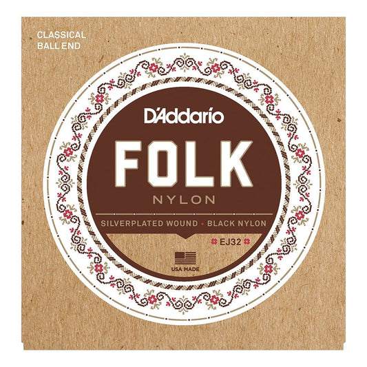D'Addario EJ32 Folk Nylon Strings, Ball End, Silver Wound/Black Nylon Trebles
