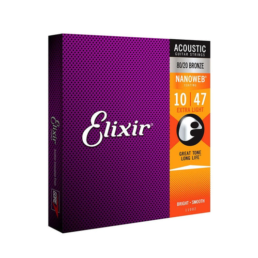 Elixir 11002 80/20 Bronze Acoustic Guitar Strings with Nanoweb Coating, 10-47
