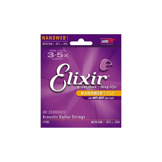 Elixir 11102 80/20 Bronze Acoustic Guitar Strings with Nanoweb Coating, 13-56