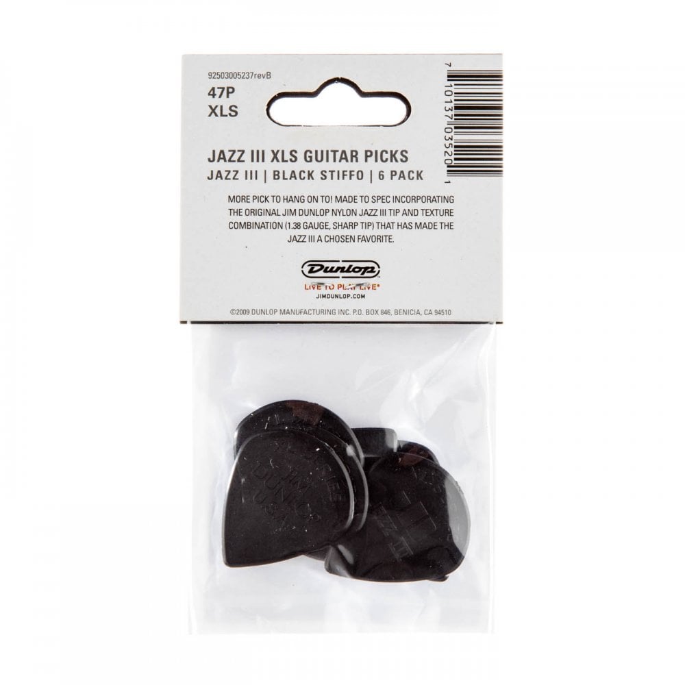 Dunlop Nylon Jazz III XL Guitar Pick 6 Pack, Black