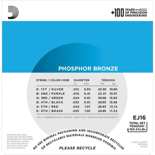 D'Addario EJ16 Phosphor Bronze Acoustic Guitar Strings, Light, 12-53