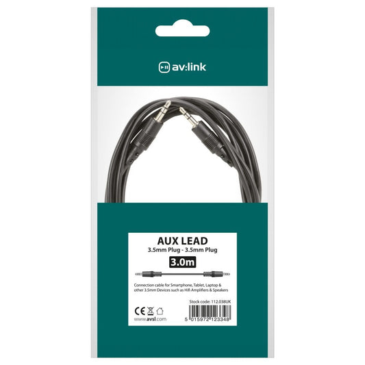 AV:Link 3m 3.5mm Stereo Plug to 3.5mm Stereo Plug Lead