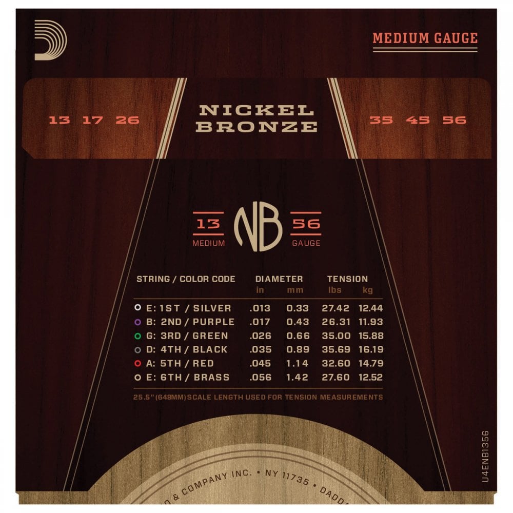 D'addario NB1356 Nickel Bronze Acoustic Guitar Strings, Medium, 13-56