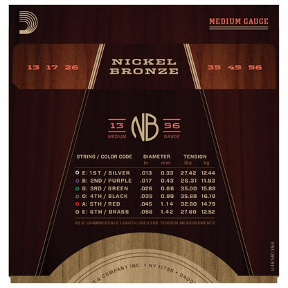 D'addario NB1356 Nickel Bronze Acoustic Guitar Strings, Medium, 13-56