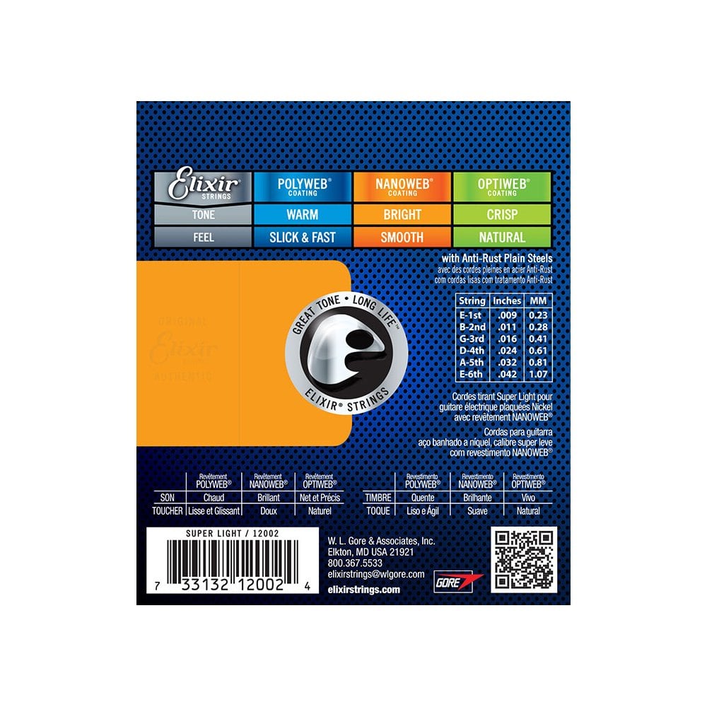 Elixir 12002 Nickel Plated Steel with Nanoweb Coating Electric Guitar Strings, 9-42