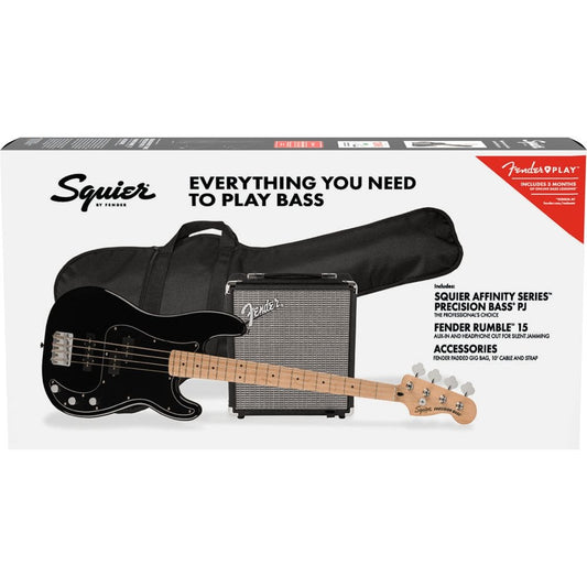 Squier Affinity Series Precision Bass PJ Pack with Rumble 15 Amplifier, Maple Neck, Black