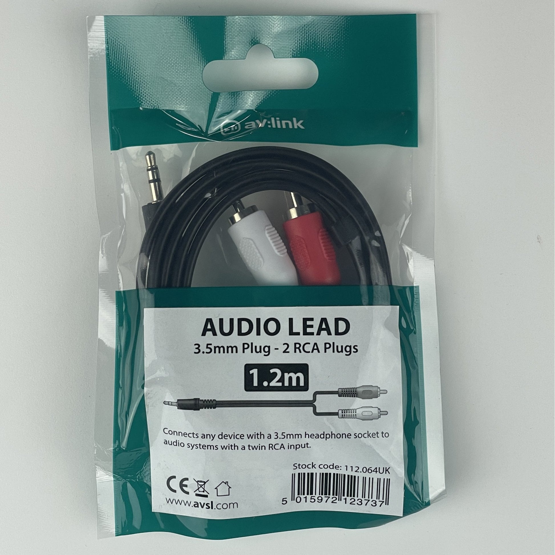 AV Link 3.5mm Stereo Jack - 2x Male RCA Phono 1.2m