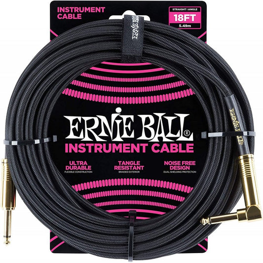 Ernie Ball 18' Braided Straight/Angle Instrument Cable, Black/Gold