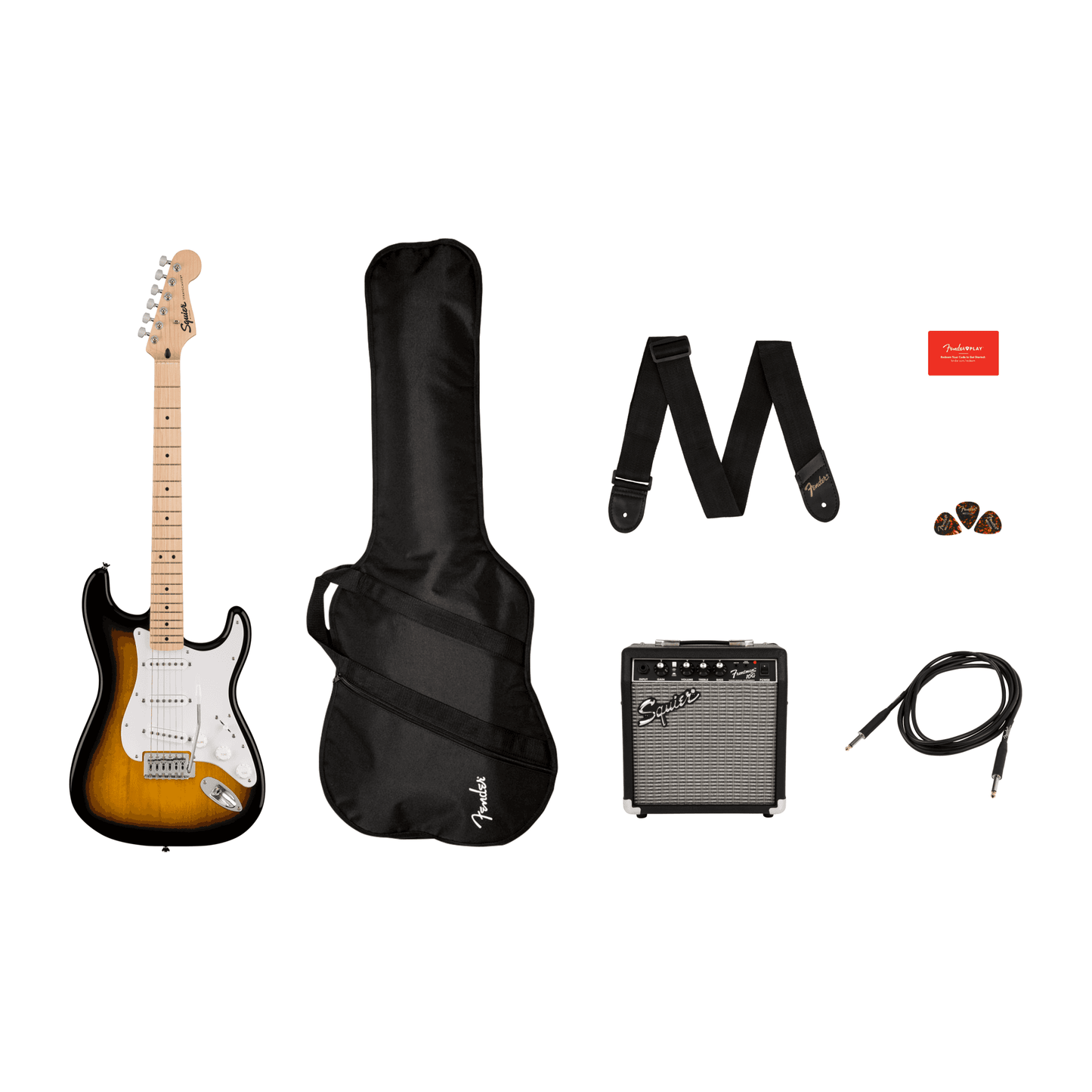 Squier Sonic Stratocaster Pack, Maple Fingerboard, 2-Color Sunburst, Gig Bag, 10G Amp