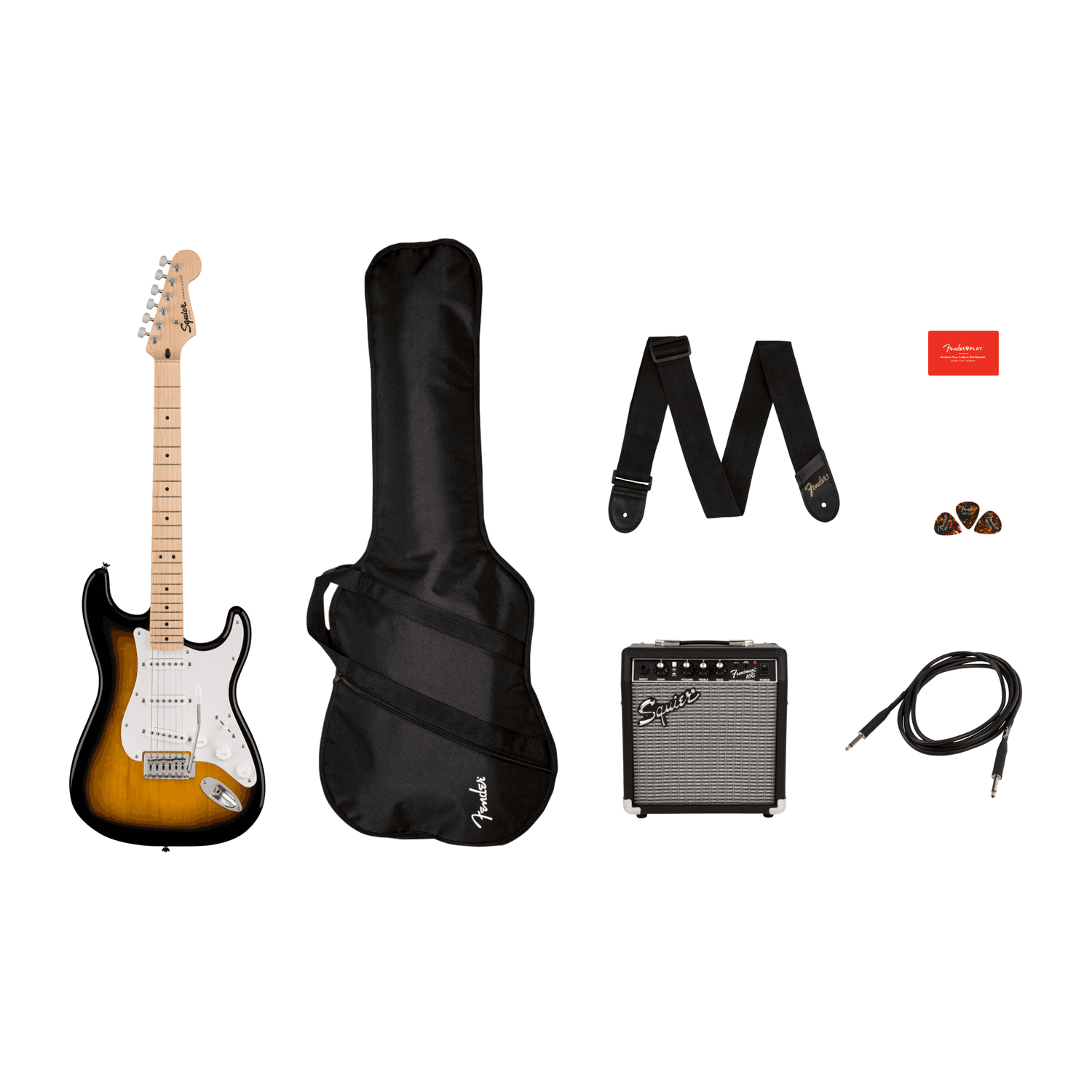 Squier Sonic Stratocaster Pack, Maple Fingerboard, 2-Color Sunburst, Gig Bag, 10G Amp