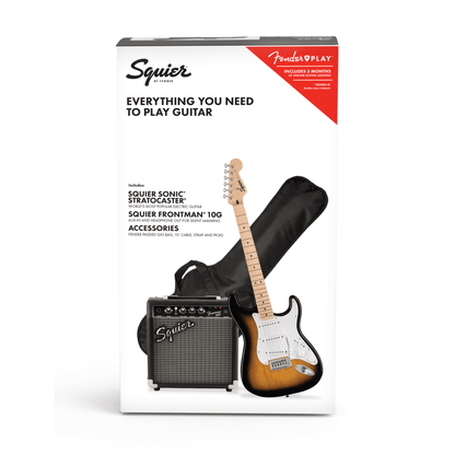Squier Sonic Stratocaster Pack, Maple Fingerboard, 2-Color Sunburst, Gig Bag, 10G Amp