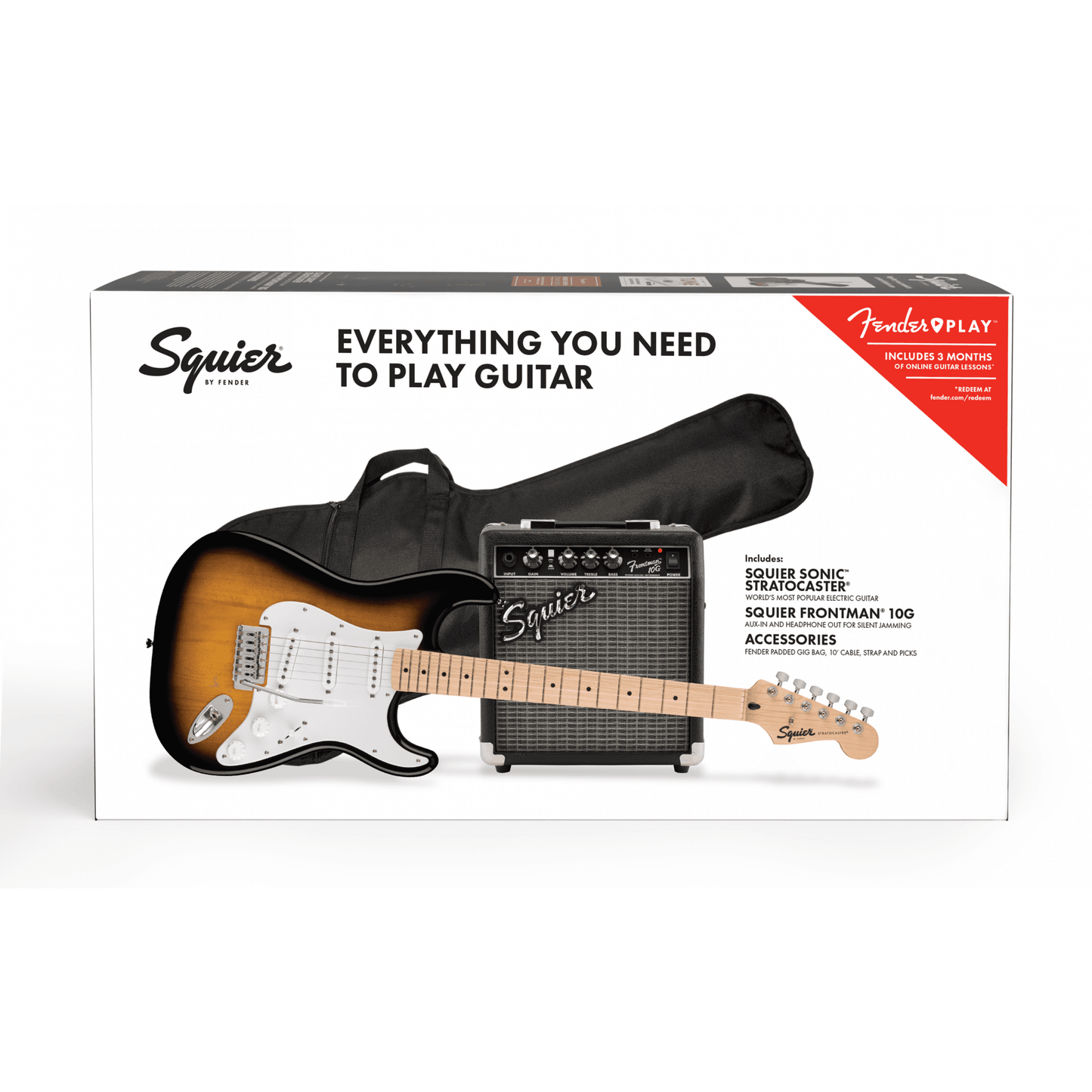Squier Sonic Stratocaster Pack, Maple Fingerboard, 2-Color Sunburst, Gig Bag, 10G Amp
