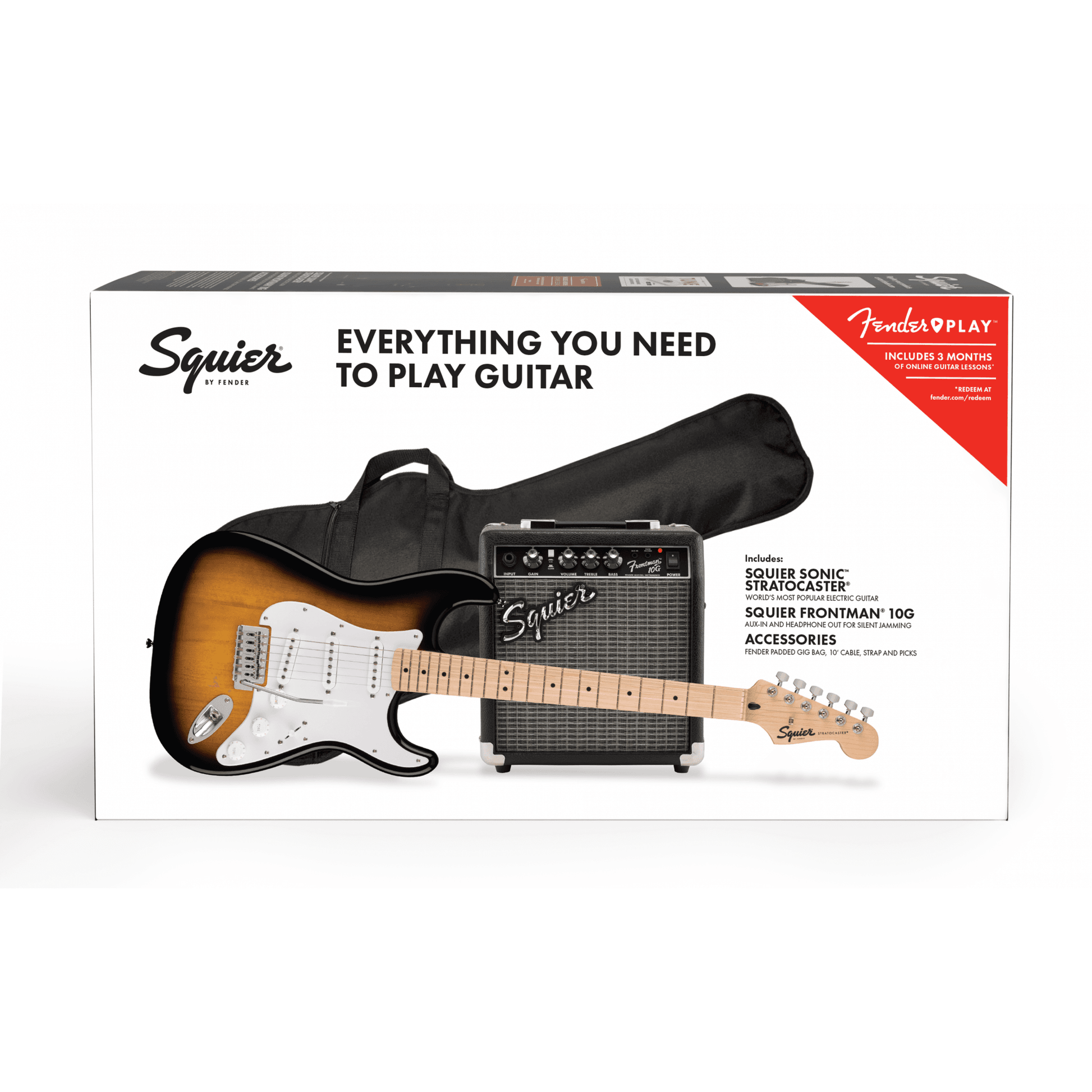 Squier Sonic Stratocaster Pack, Maple Fingerboard, 2-Color Sunburst, Gig Bag, 10G Amp